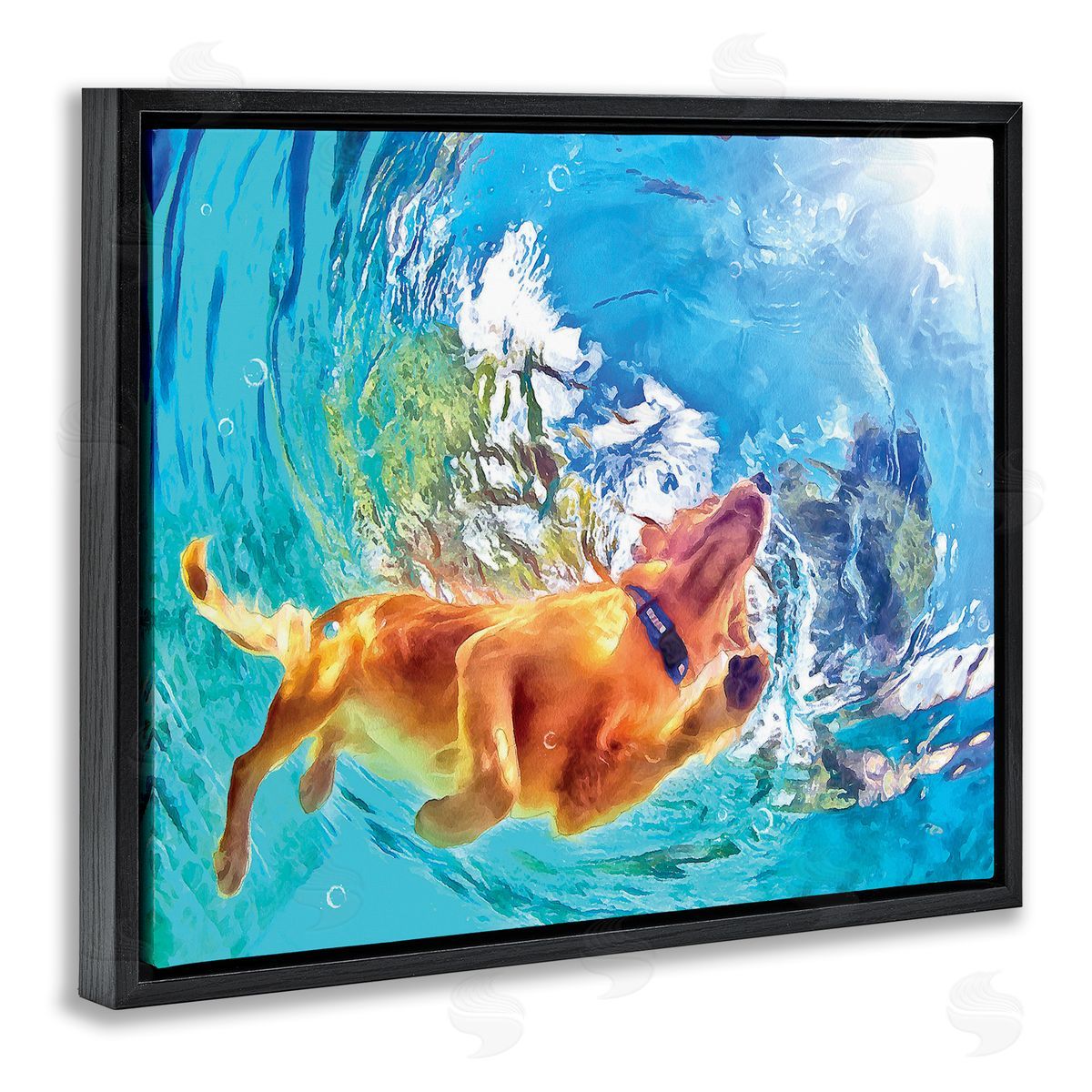 Underwater Swimming Dog Black Floating Frame Canvas Wall Art, Home Decor by Masey St. Studios