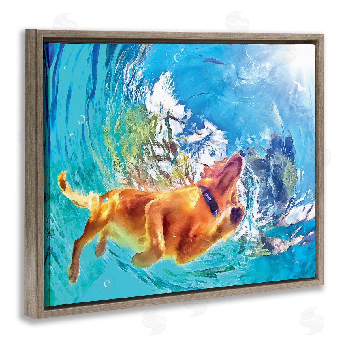 Underwater Swimming Dog Brown Floating Frame Canvas Wall Art, Home Decor by Masey St. Studios