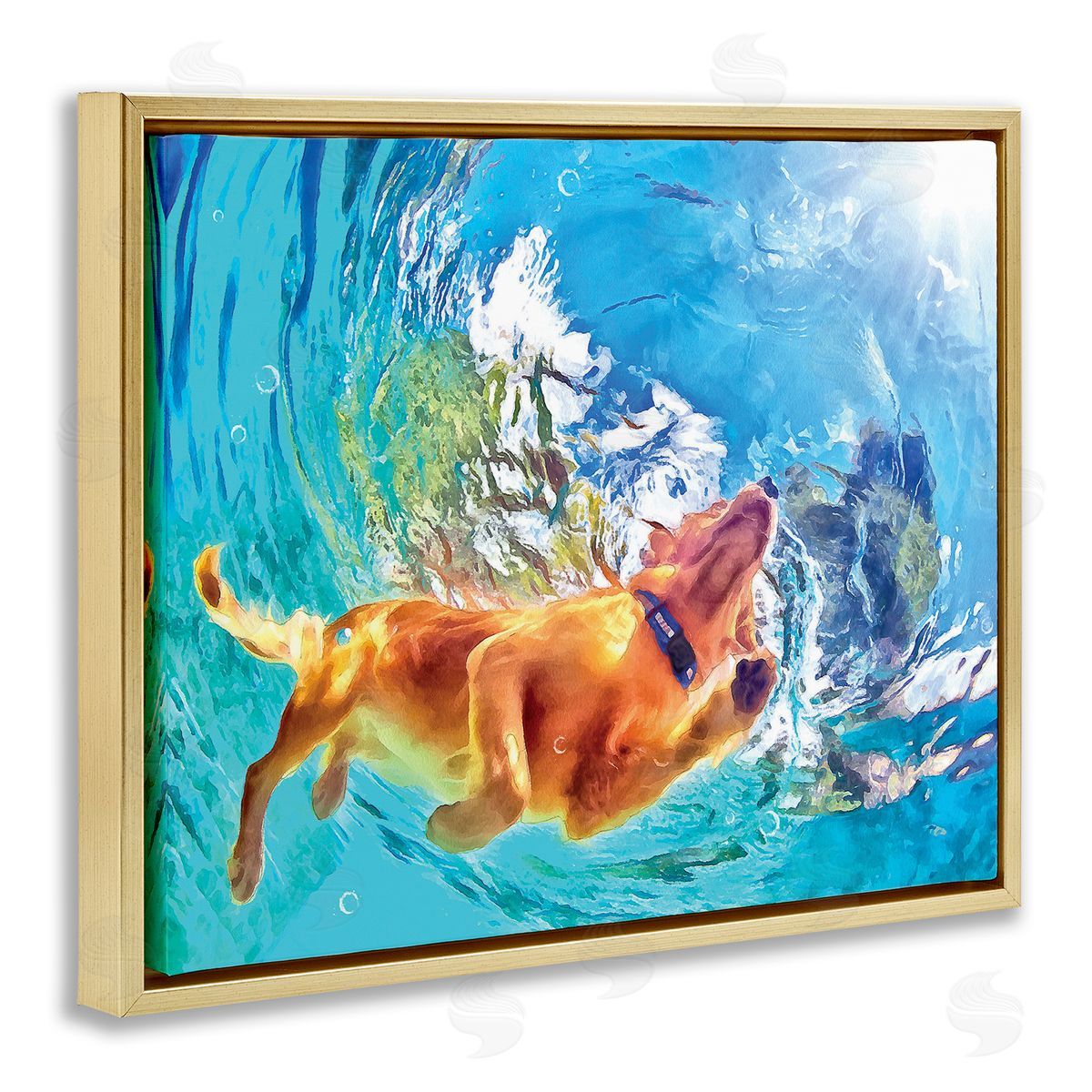 Underwater Swimming Dog Gold Floating Frame Canvas Wall Art, Home Decor by Masey St. Studios
