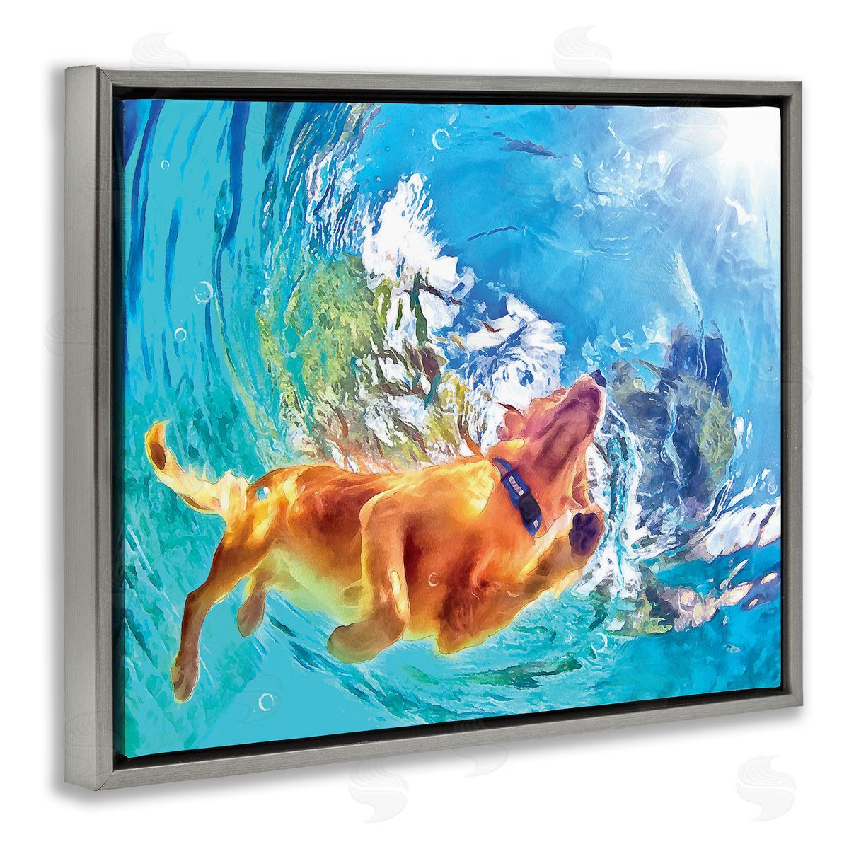 Underwater Swimming Dog Grey Floating Frame Canvas Wall Art, Home Decor by Masey St. Studios