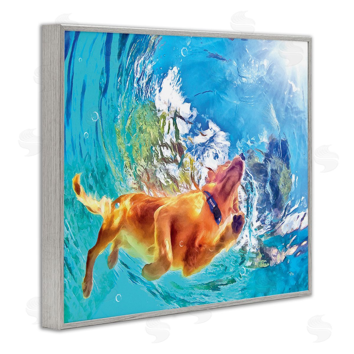 Underwater Swimming Dog Grey Frame Print Wall Art, Home Decor by Masey St. Studios