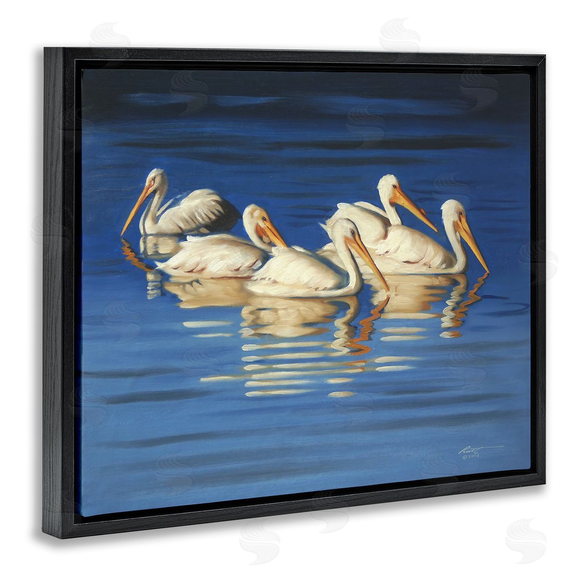 Pelican Flock Lake Ripples Black Floating Frame Canvas Wall Art, Home Decor by D. Rust