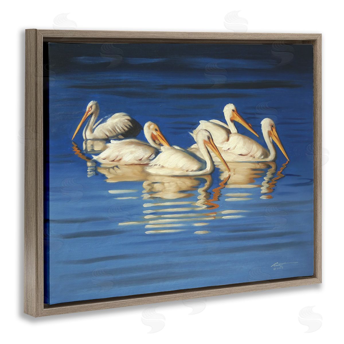Pelican Flock Lake Ripples Brown Floating Frame Canvas Wall Art, Home Decor by D. Rust