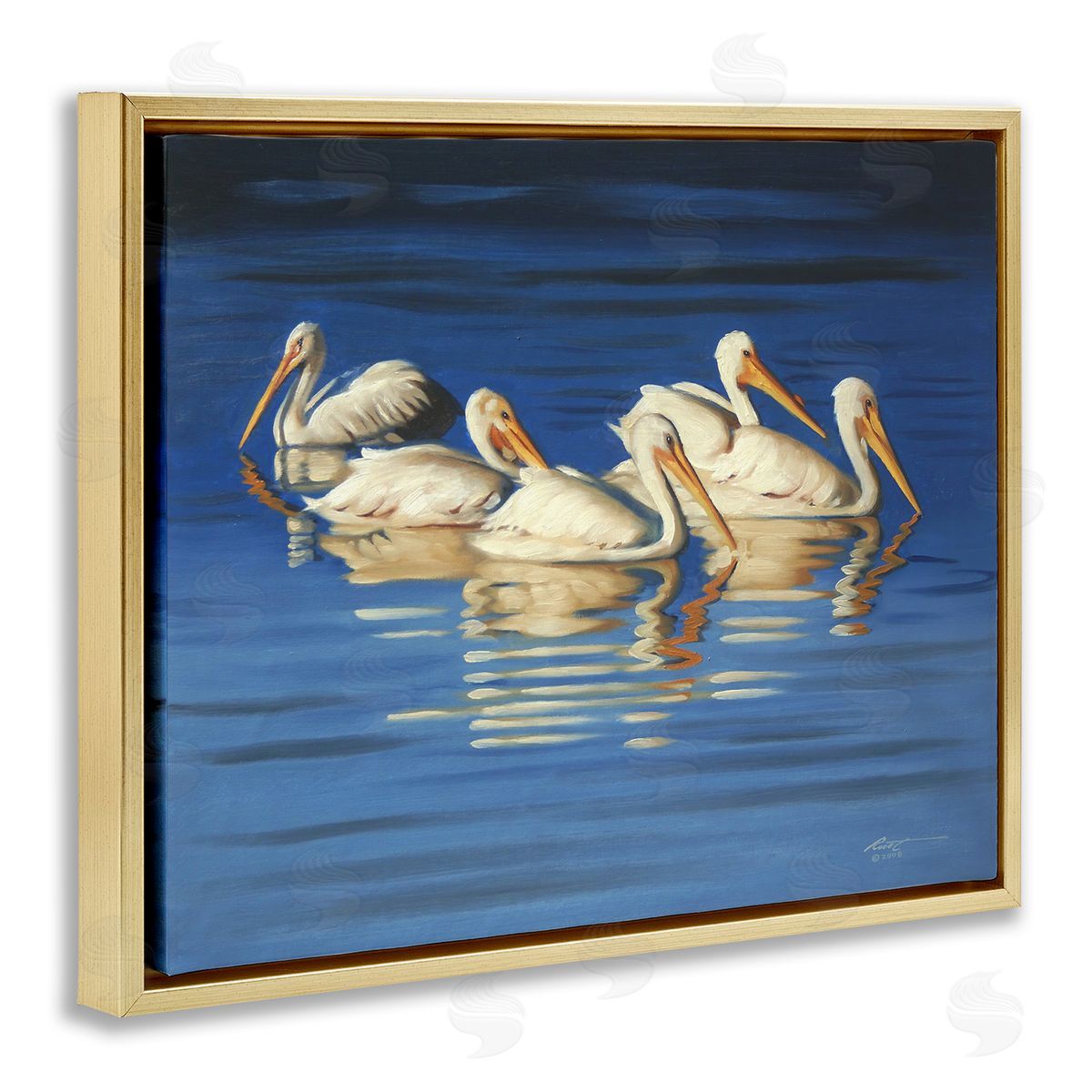 Pelican Flock Lake Ripples Gold Floating Frame Canvas Wall Art, Home Decor by D. Rust