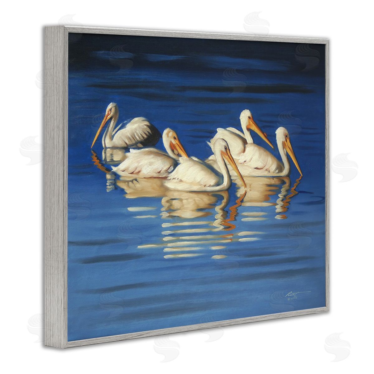Pelican Flock Lake Ripples Grey Frame Print Wall Art, Home Decor by D. Rust