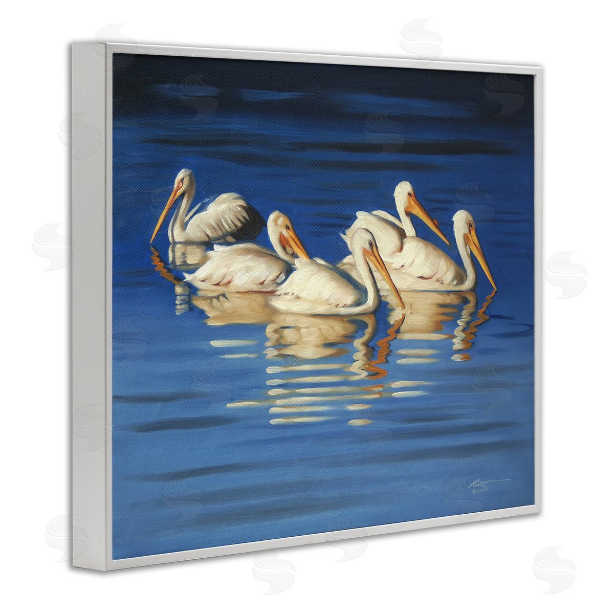 Pelican Flock Lake Ripples White Frame Print Wall Art, Home Decor by D. Rust
