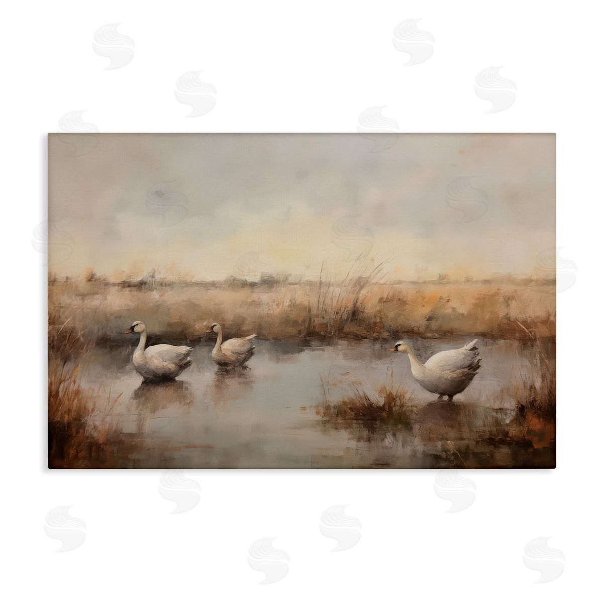 Petal Prints Design Swan Family Rural Pond Canvas Wall Art Print