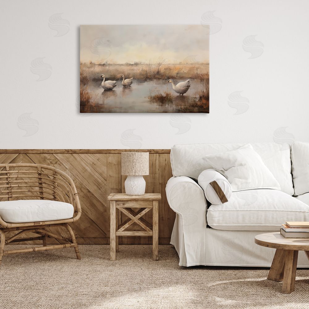 Petal Prints Design Swan Family Rural Pond Canvas Wall Art Print in Room