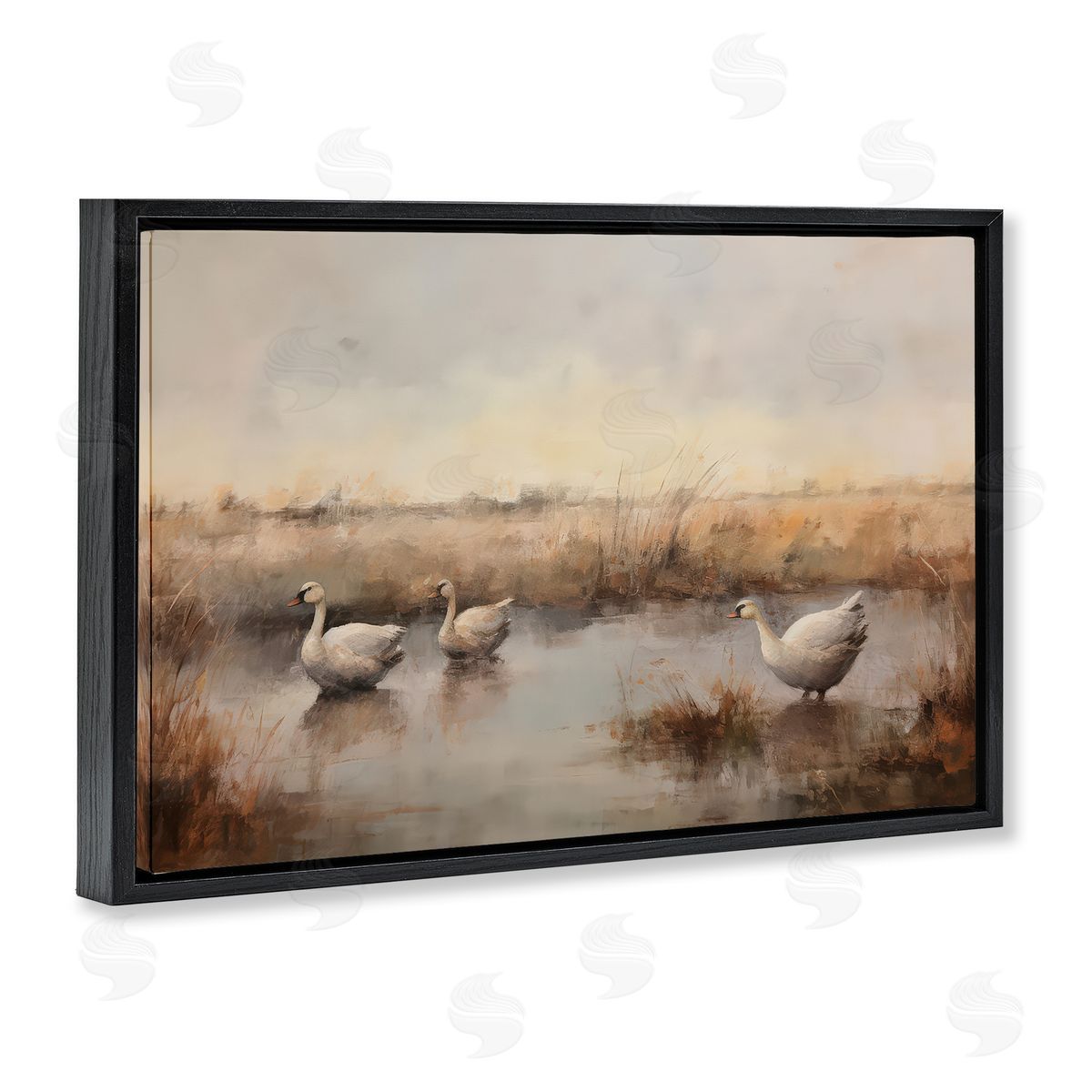 Petal Prints Design Swan Family Rural Pond Black Floating Frame Canvas Wall Art Print