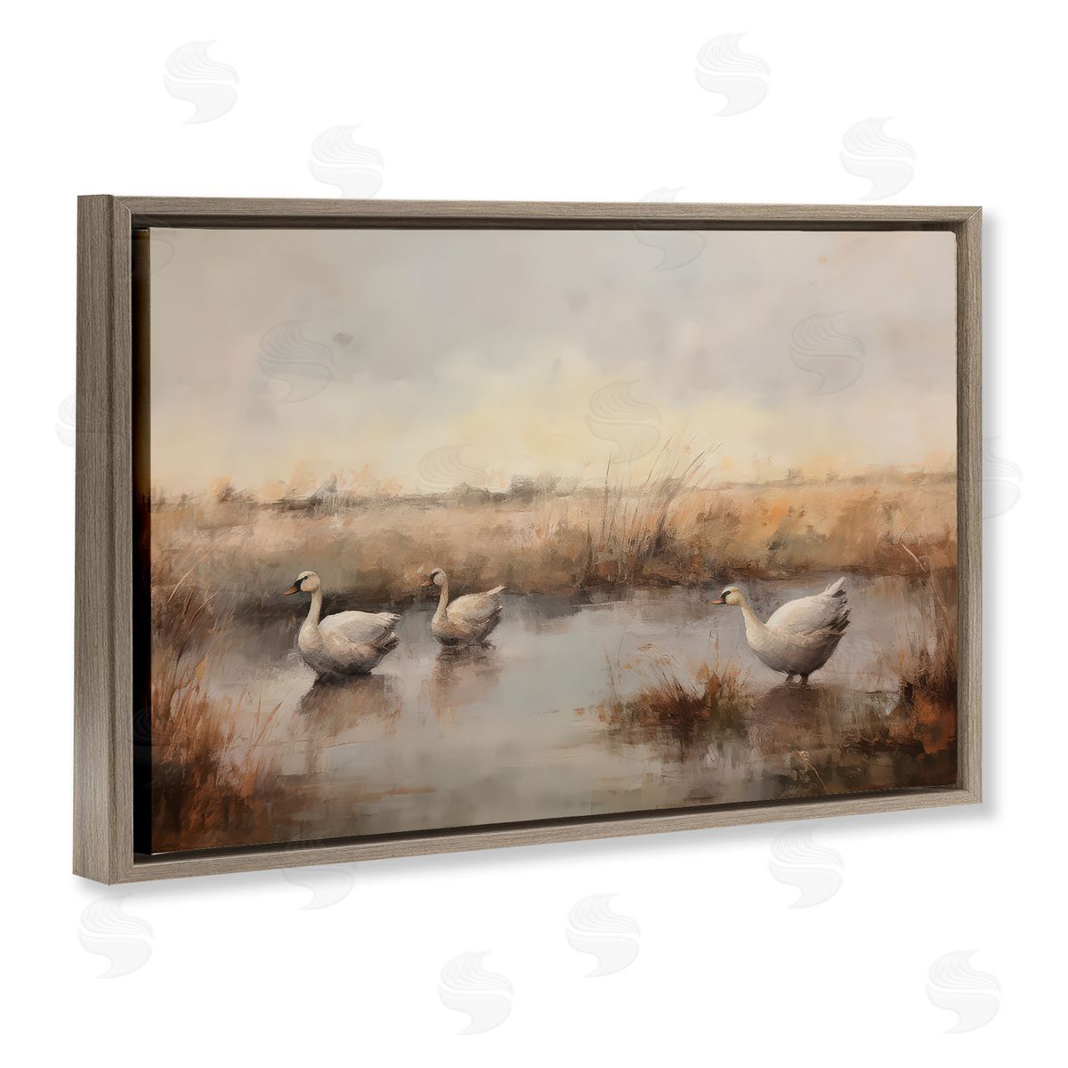 Petal Prints Design Swan Family Rural Pond Brown Floating Frame Canvas Wall Art Print