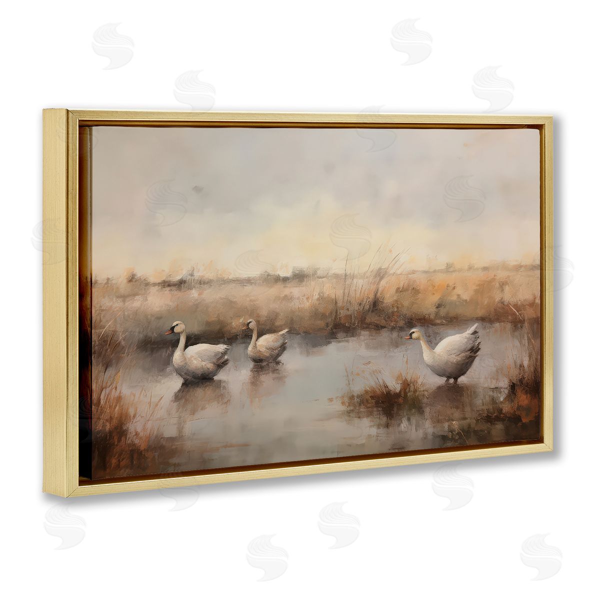 Petal Prints Design Swan Family Rural Pond Gold Floating Frame Canvas Wall Art Print