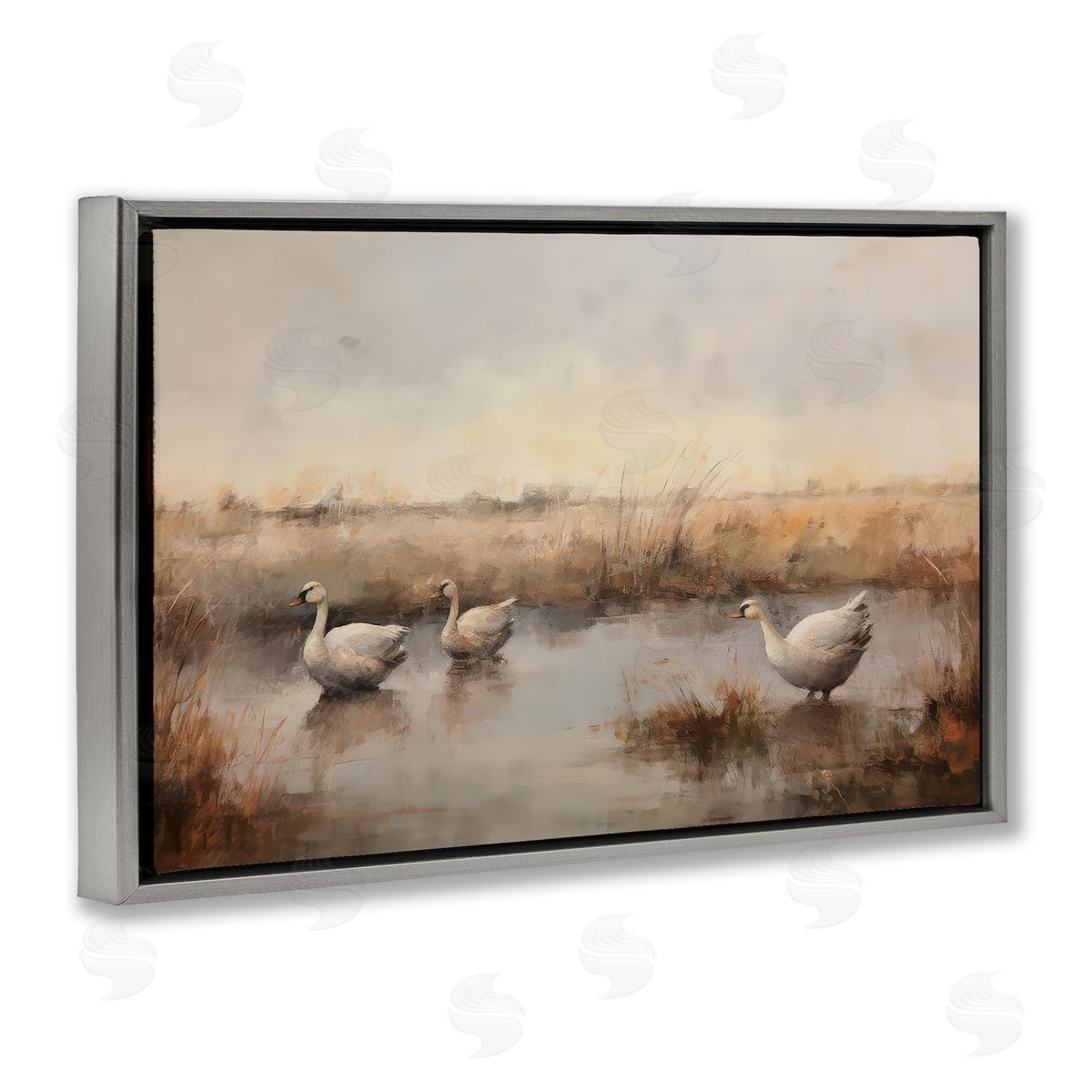 Petal Prints Design Swan Family Rural Pond Gray Floating Frame Canvas Wall Art Print