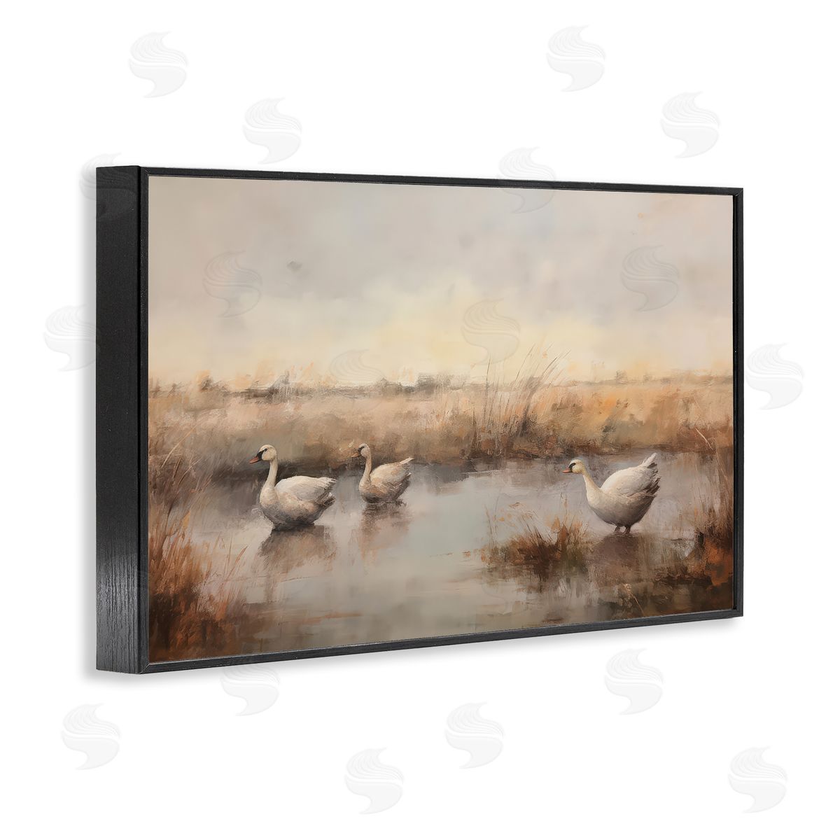 Petal Prints Design Swan Family Rural Pond Black Framed Giclee Wall Art Print