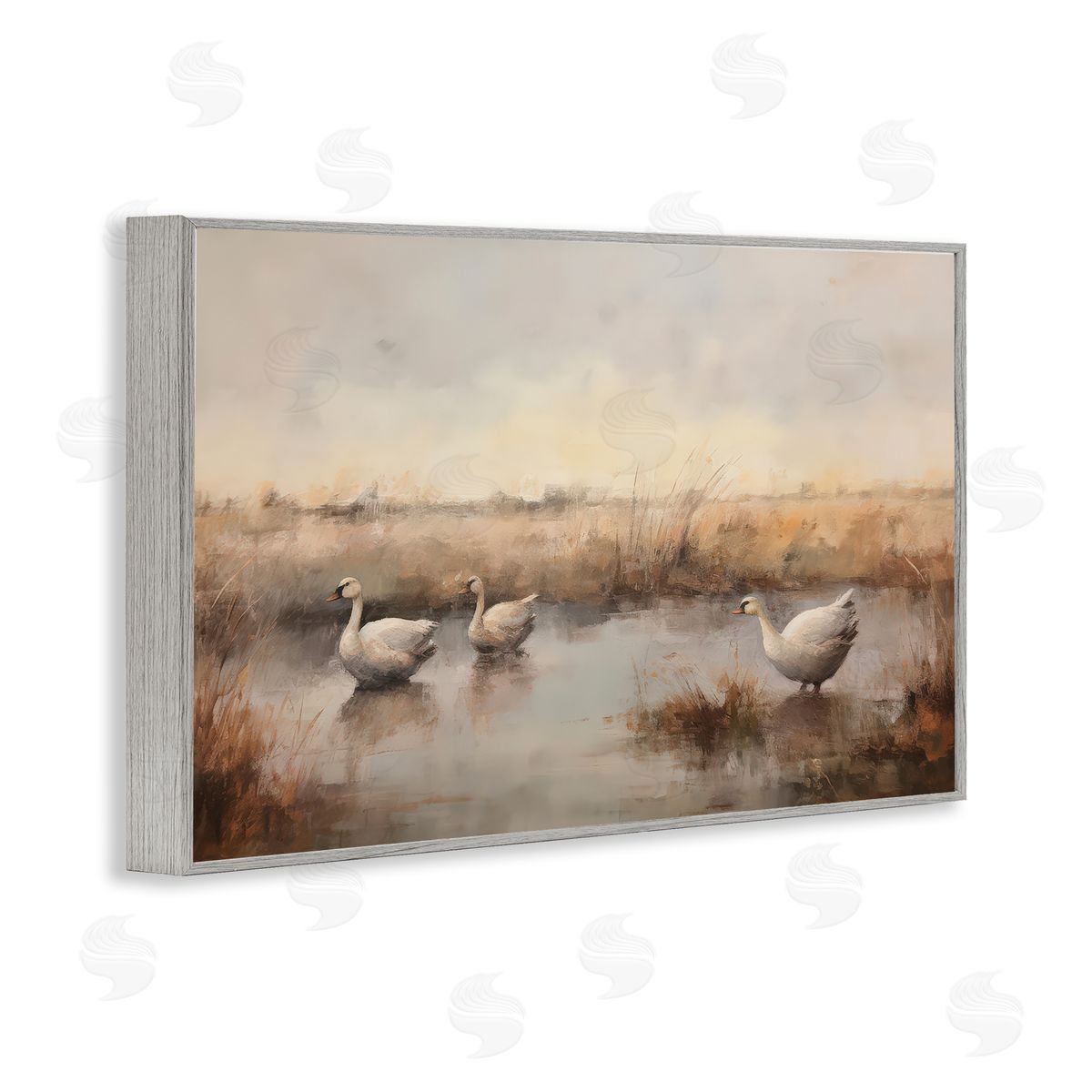Petal Prints Design Swan Family Rural Pond Gray Framed Giclee Wall Art Print