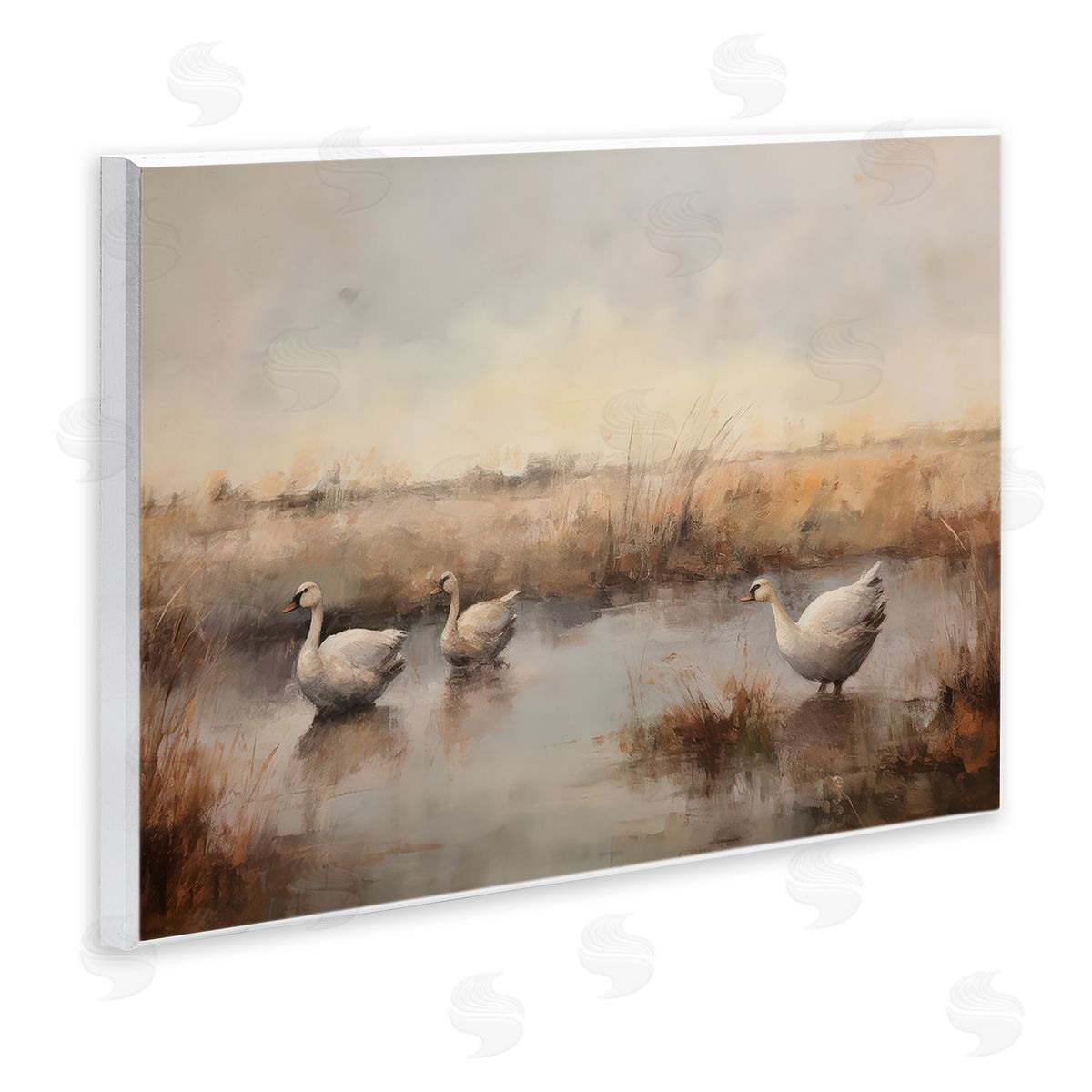 Petal Prints Design Swan Family Rural Pond Wooden Wall Plaque Art Print