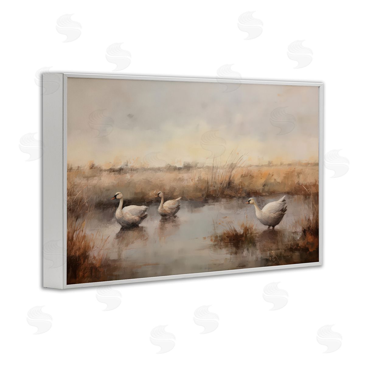 Petal Prints Design Swan Family Rural Pond White Framed Giclee Wall Art Print