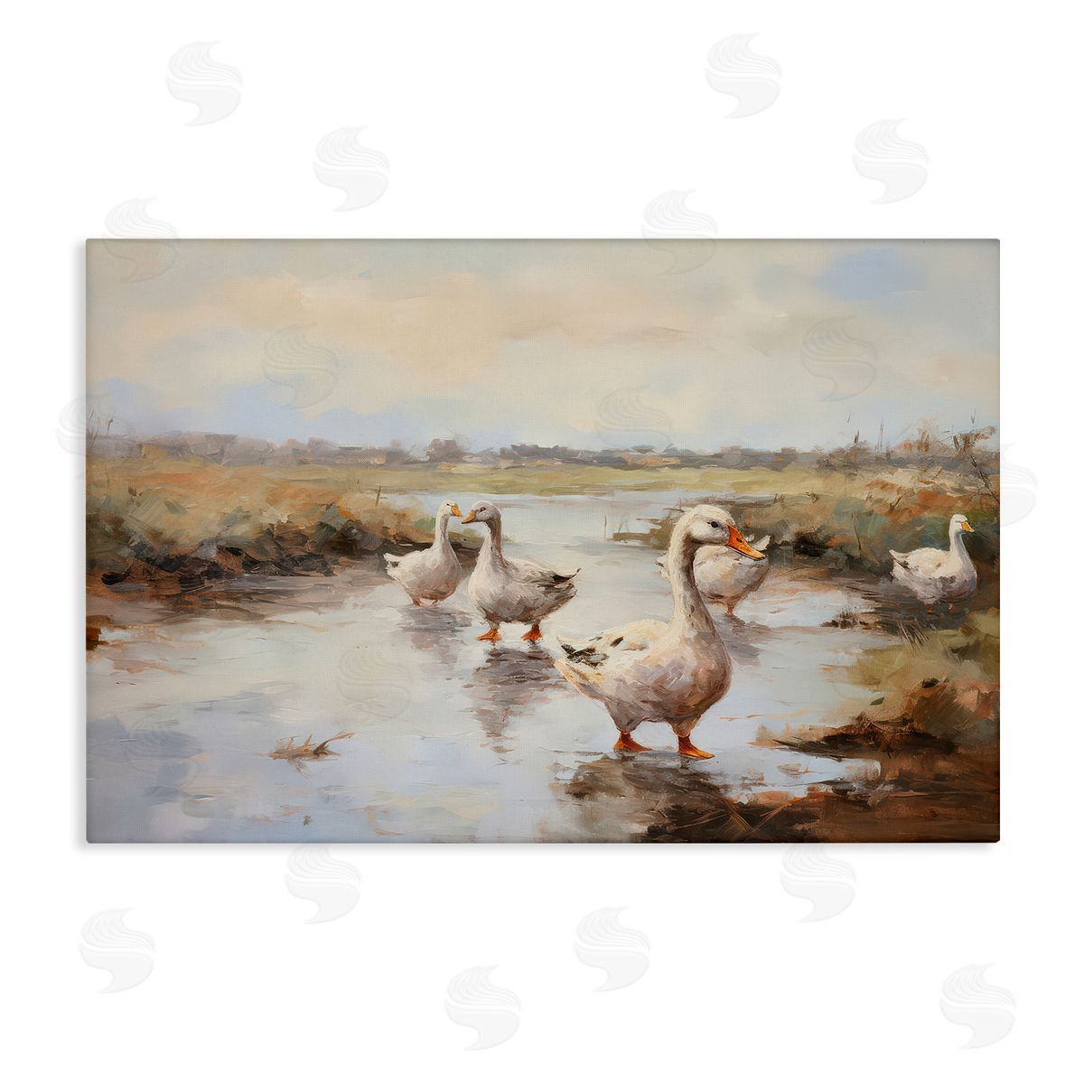 Petal Prints Design Swan Family Traditional Pond Canvas Wall Art Print