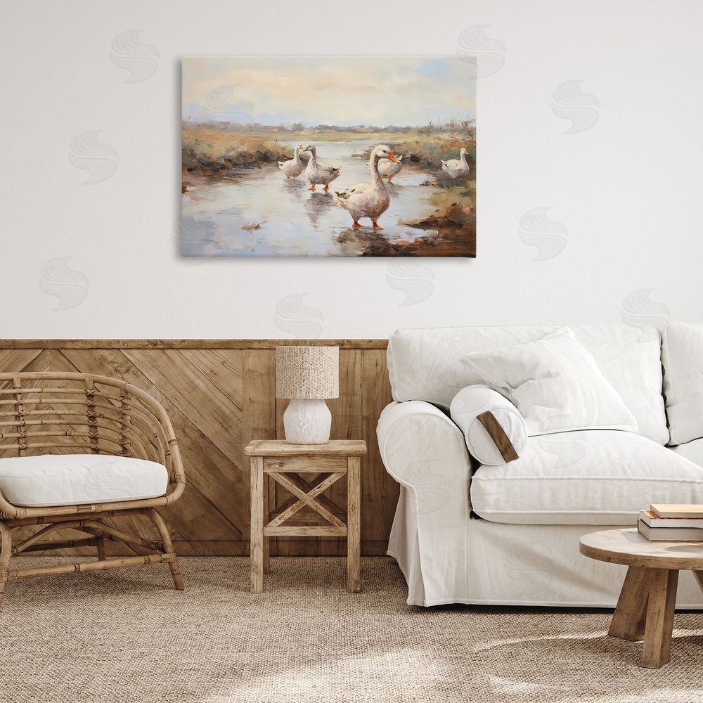 Petal Prints Design Swan Family Traditional Pond Canvas Wall Art Print in Room
