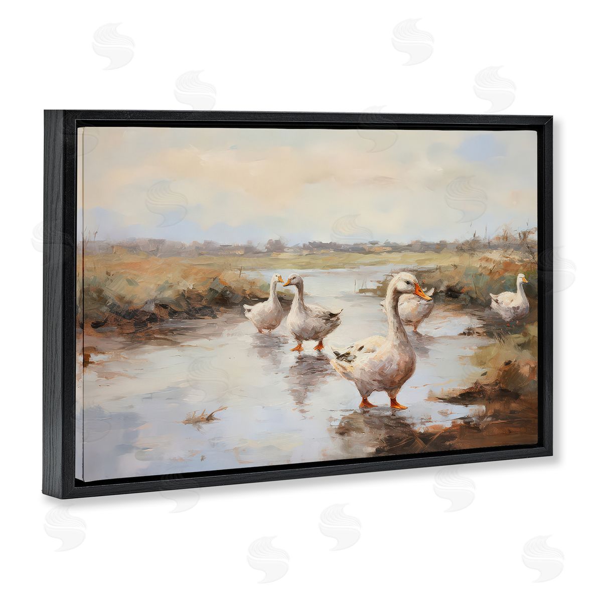 Petal Prints Design Swan Family Traditional Pond Black Floating Frame Canvas Wall Art Print
