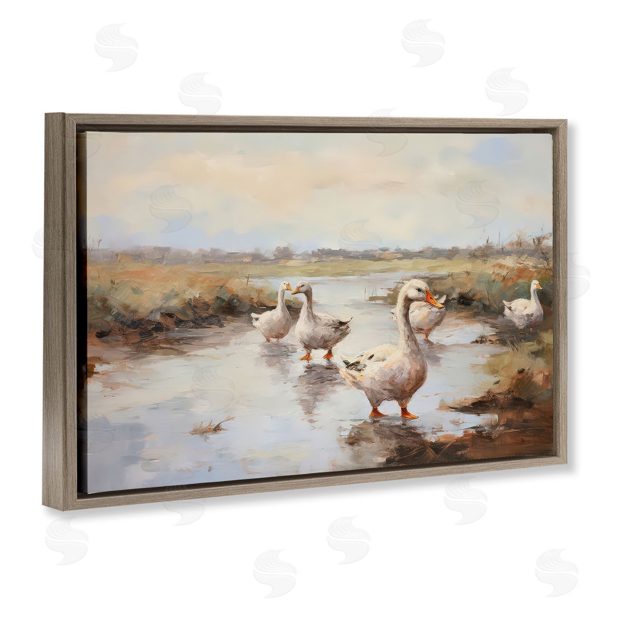 Petal Prints Design Swan Family Traditional Pond Brown Floating Frame Canvas Wall Art Print