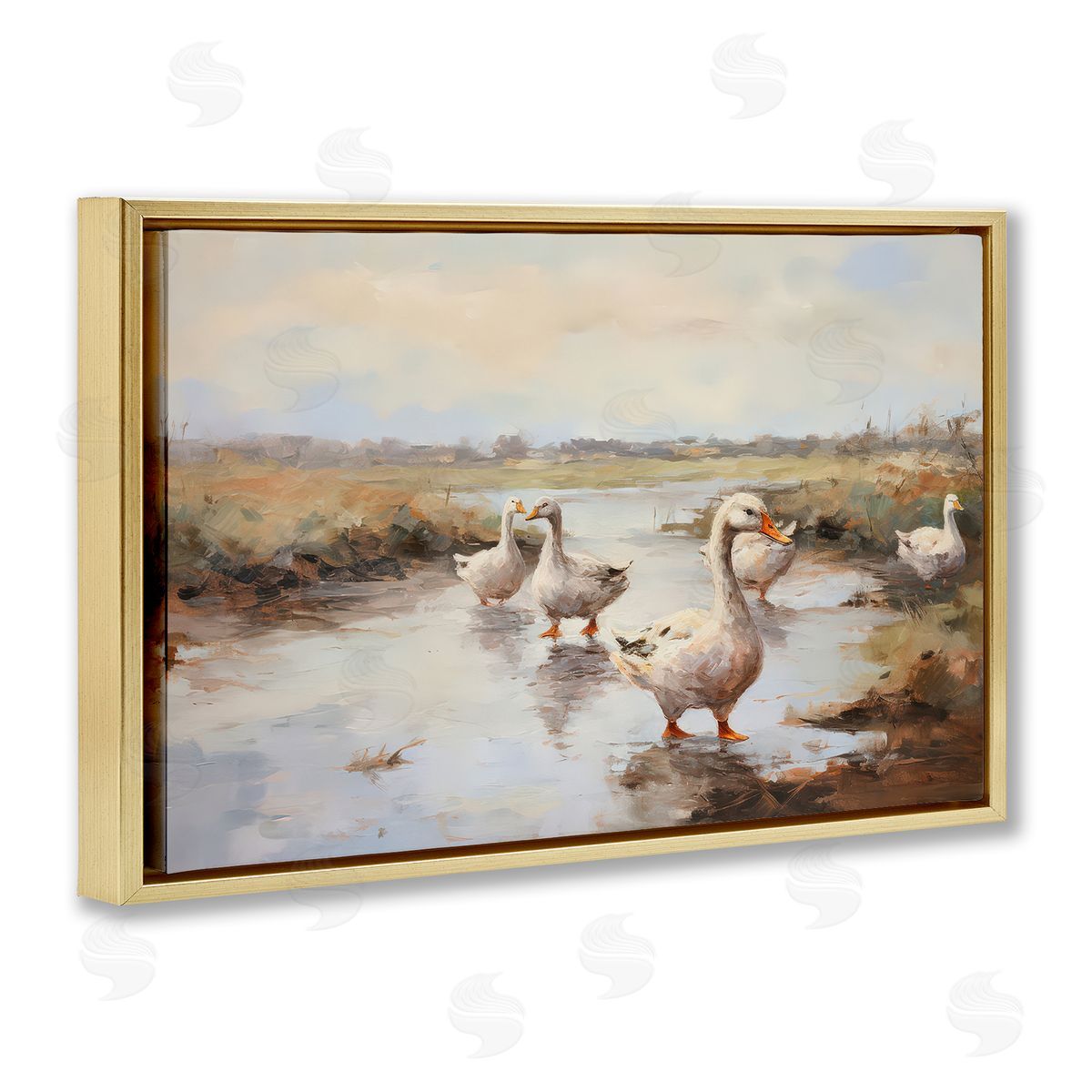 Petal Prints Design Swan Family Traditional Pond Gold Floating Frame Canvas Wall Art Print