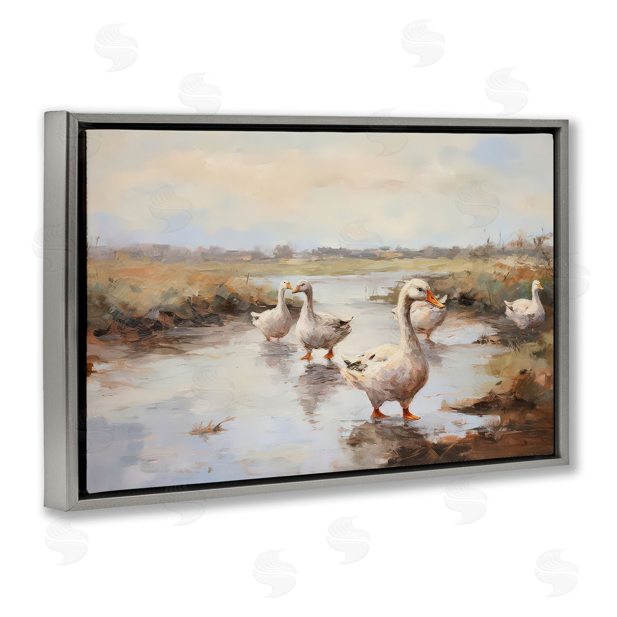 Petal Prints Design Swan Family Traditional Pond Gray Floating Frame Canvas Wall Art Print