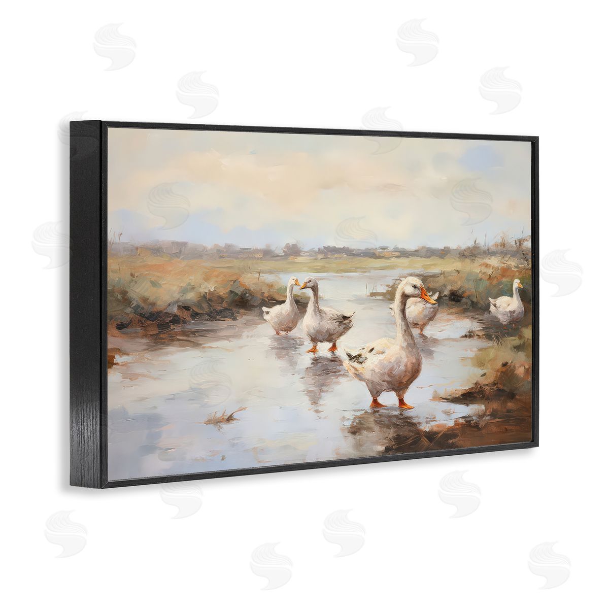 Petal Prints Design Swan Family Traditional Pond Black Framed Giclee Wall Art Print