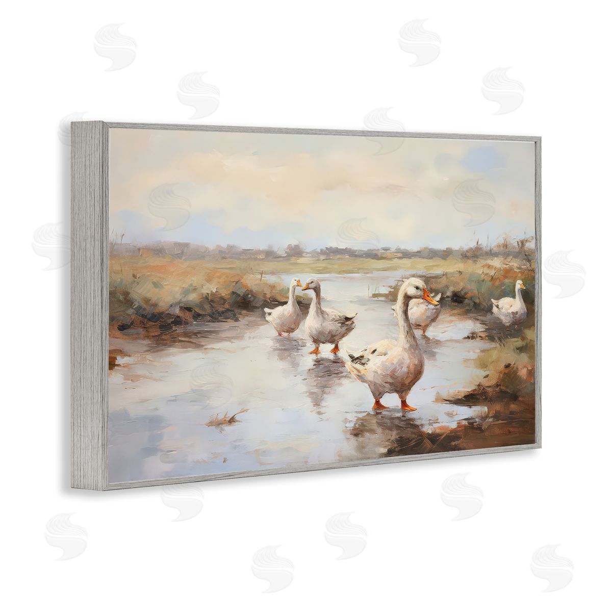 Petal Prints Design Swan Family Traditional Pond Gray Framed Giclee Wall Art Print