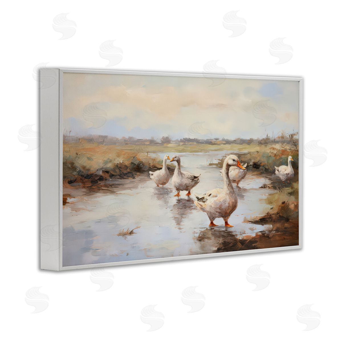 Petal Prints Design Swan Family Traditional Pond White Framed Giclee Wall Art Print