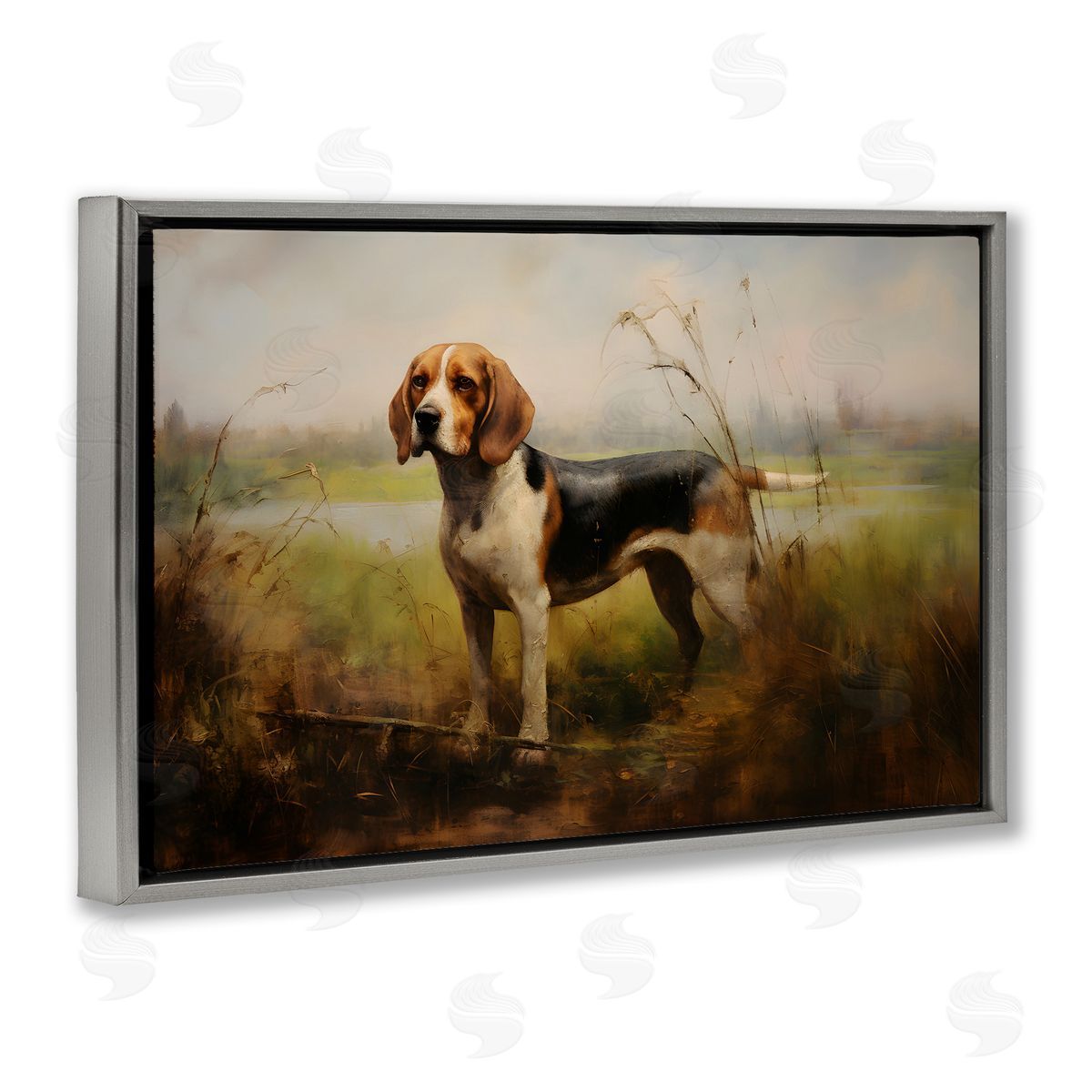 Beagle Dog Rural Field Grey Floating Frame Canvas Wall Art, Home Decor by Petal Prints Design