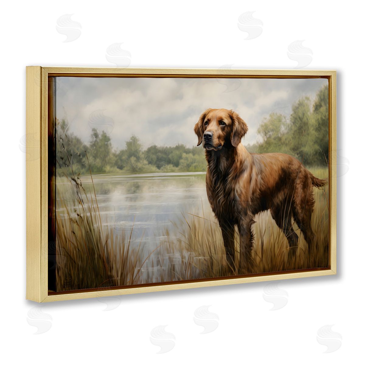Retriever Dog and Pond Gold Floating Frame Canvas Wall Art, Home Decor by Petal Prints Design