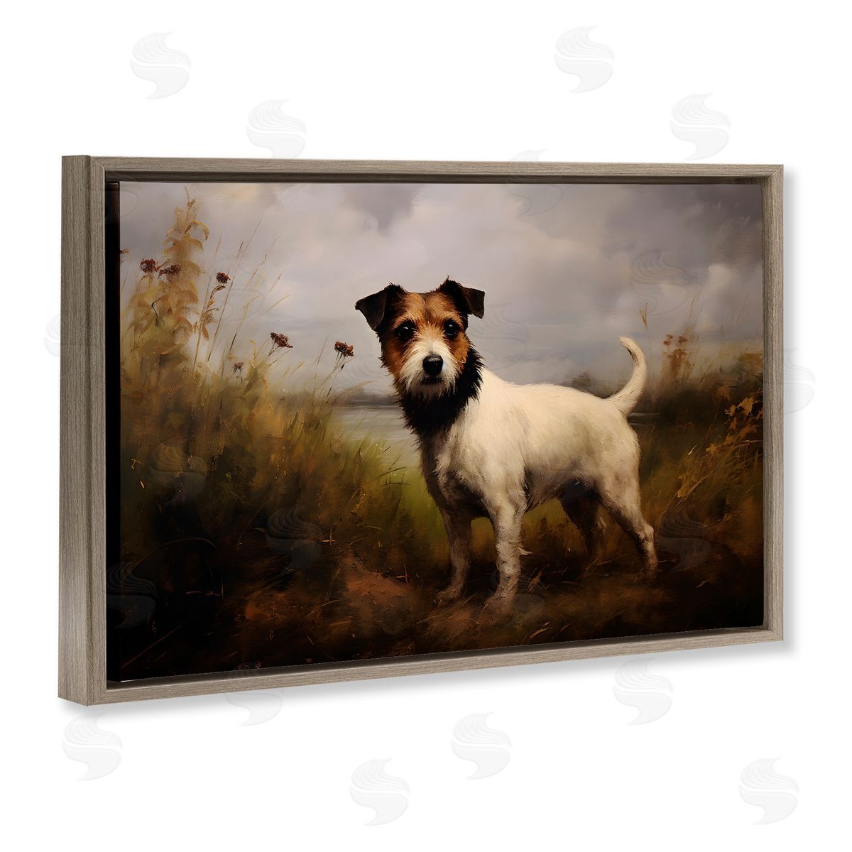 Jack Russell Terrier Landscape Brown Floating Frame Canvas Wall Art, Home Decor by Petal Prints Design