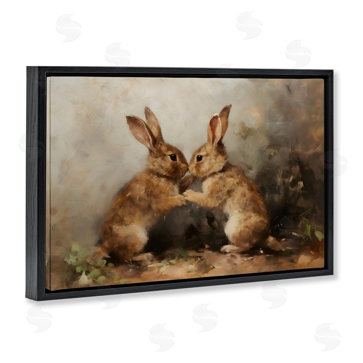Bunny Boxing Duo Black Floating Frame Canvas Wall Art, Home Decor by Petal Prints Design