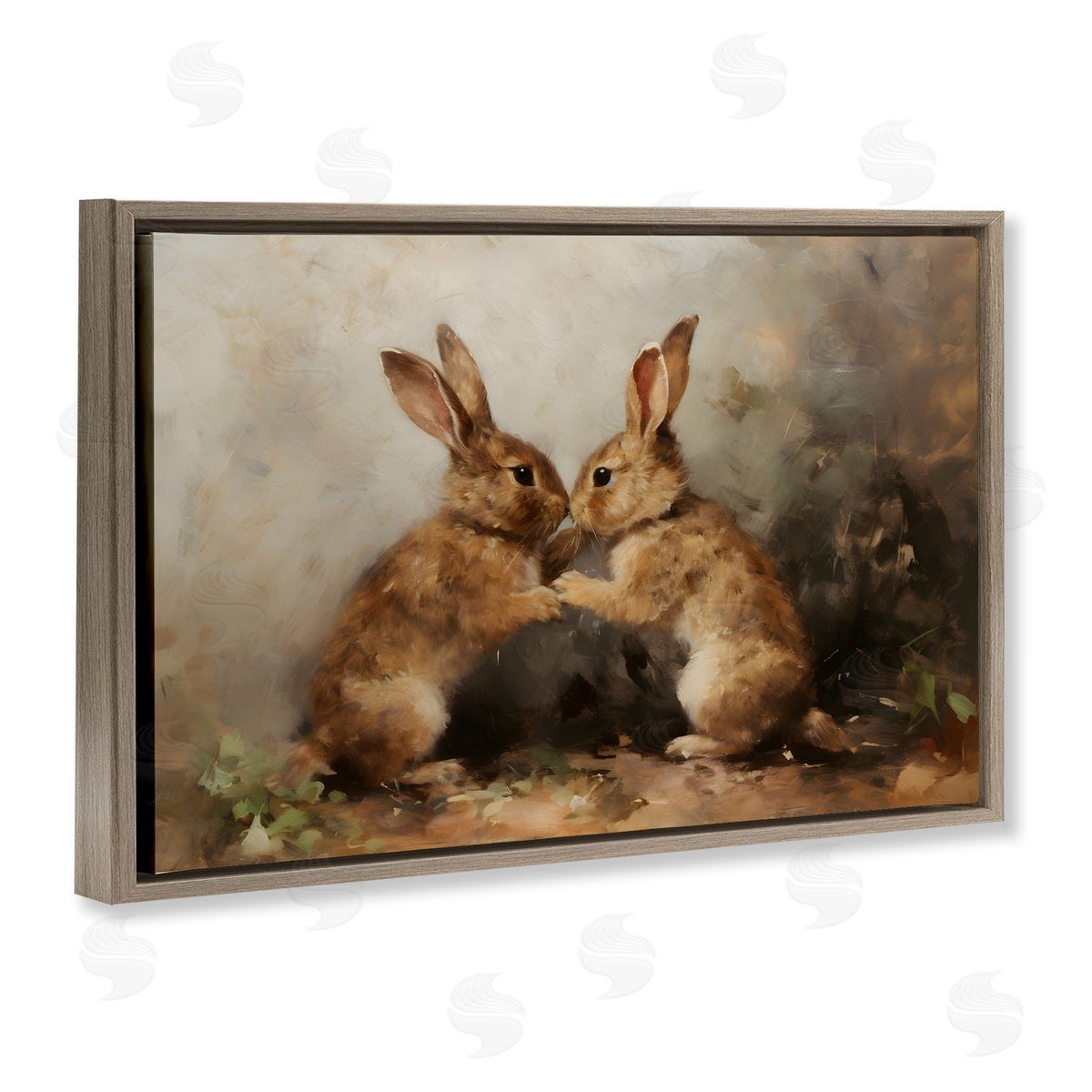 Bunny Boxing Duo Brown Floating Frame Canvas Wall Art, Home Decor by Petal Prints Design