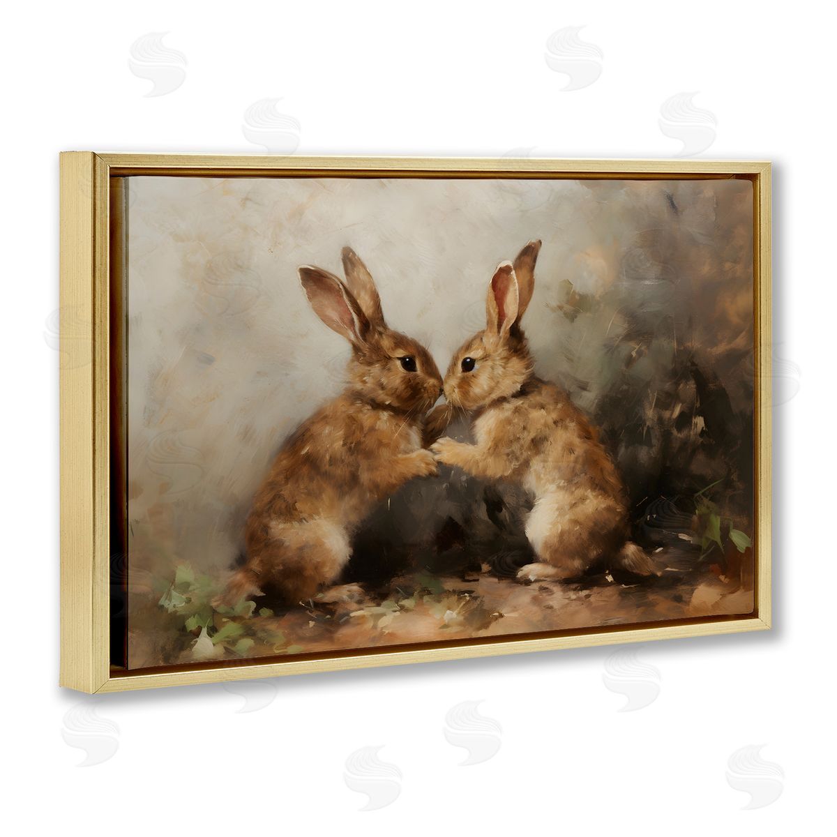Bunny Boxing Duo Gold Floating Frame Canvas Wall Art, Home Decor by Petal Prints Design