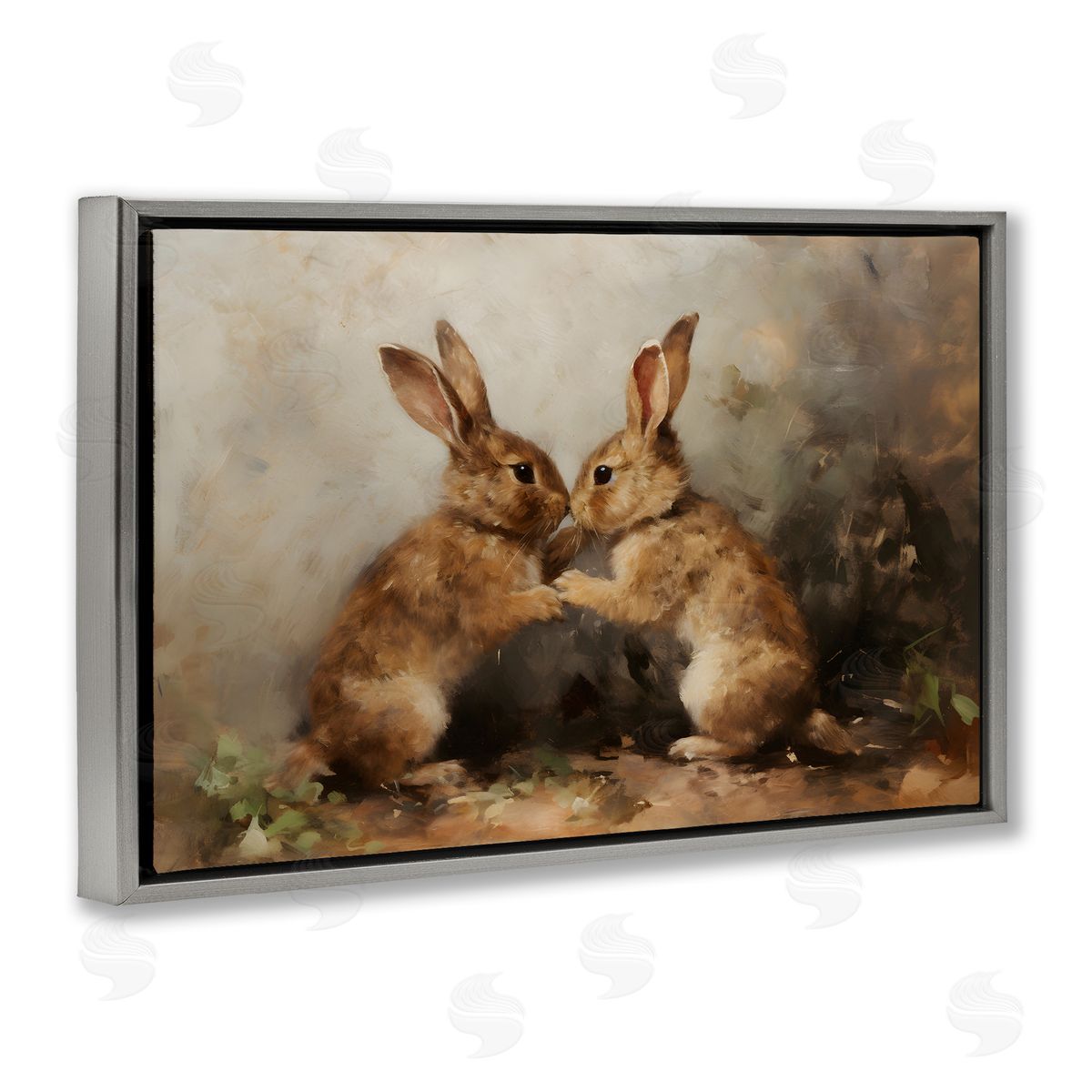 Bunny Boxing Duo Grey Floating Frame Canvas Wall Art, Home Decor by Petal Prints Design