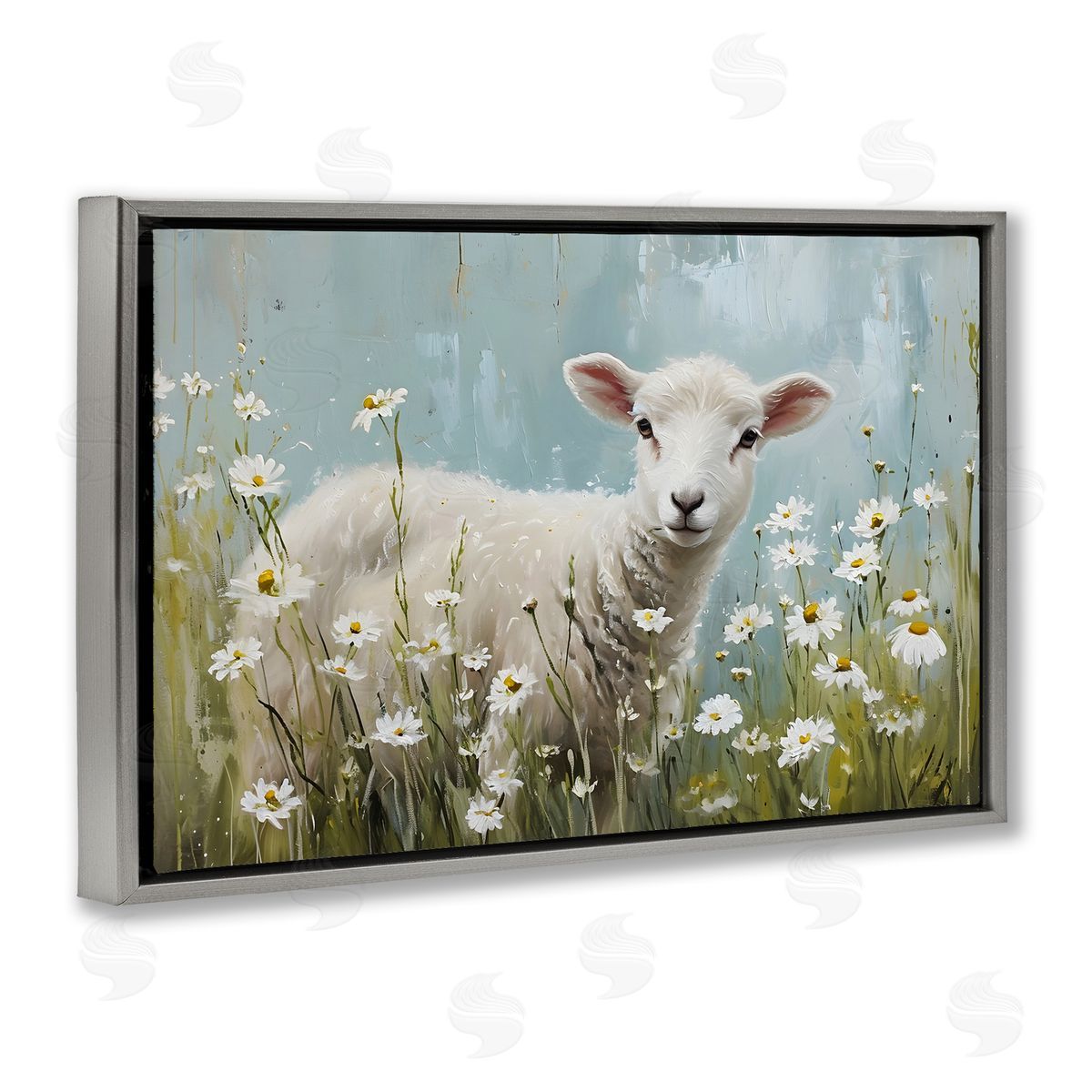 Lamb Among Daisies Grey Floating Frame Canvas Wall Art, Home Decor by Petal Prints Design