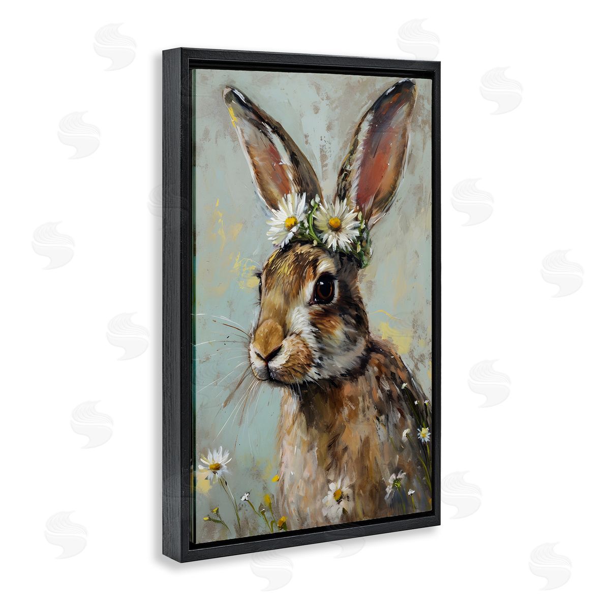 Bunny and Daisy Crown Black Floating Frame Canvas Wall Art, Home Decor by Petal Prints Design