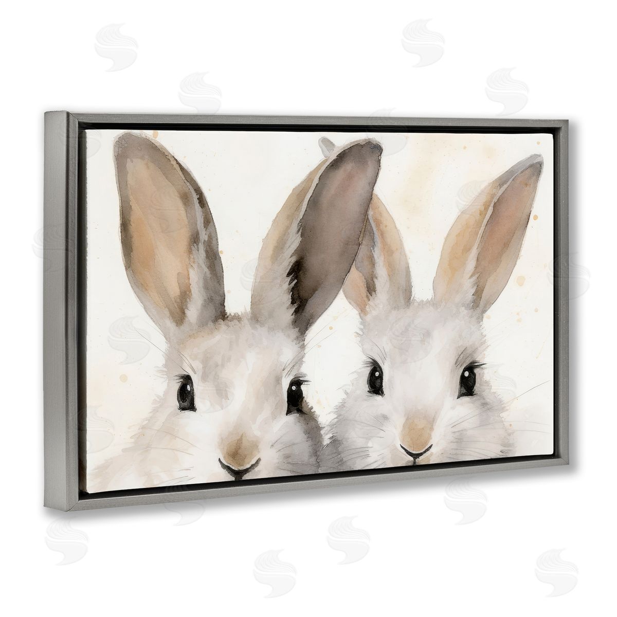 Two Peeking Rabbits Grey Floating Frame Canvas Wall Art, Home Decor by Petal Prints Design