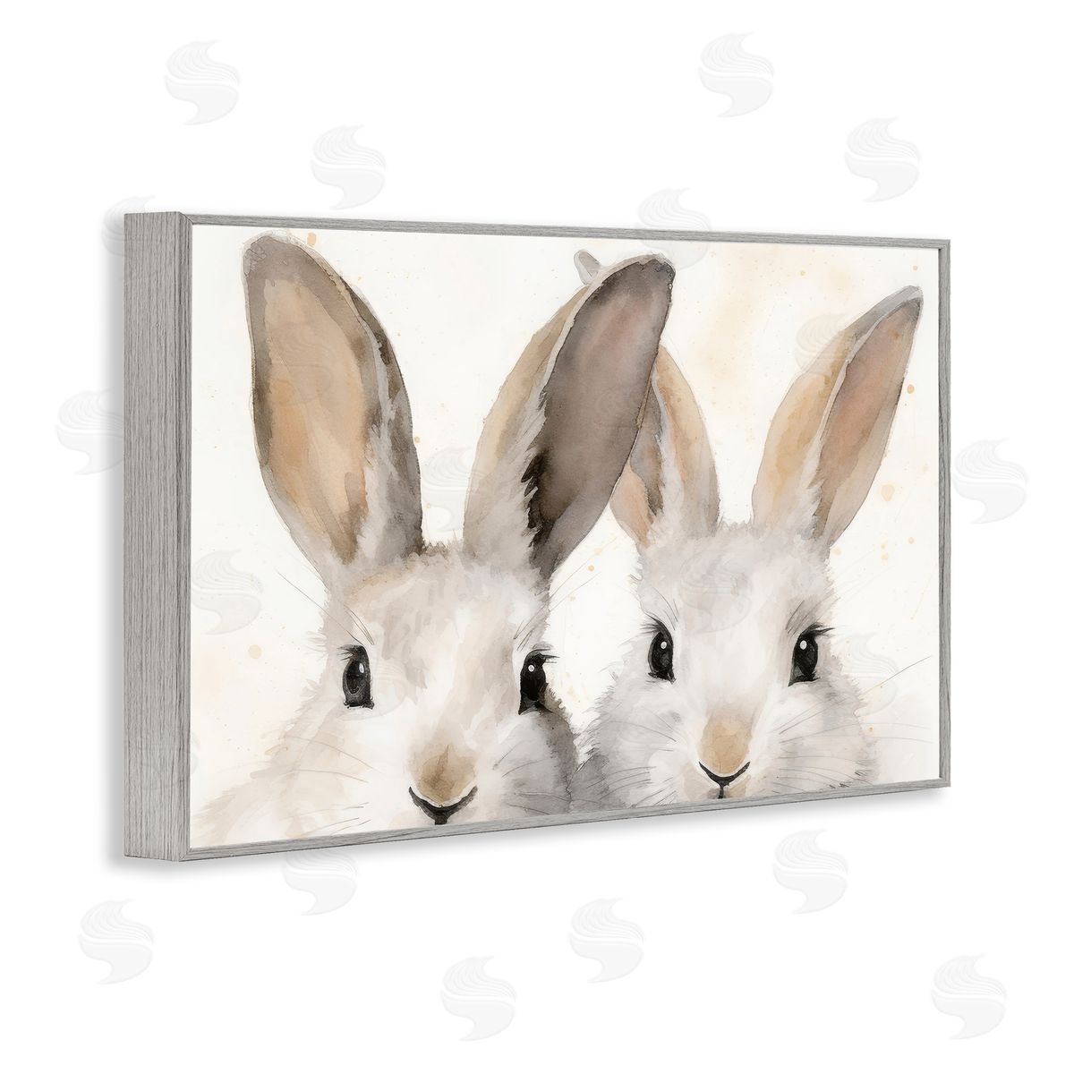 Two Peeking Rabbits Grey Frame Print Wall Art, Home Decor by Petal Prints Design