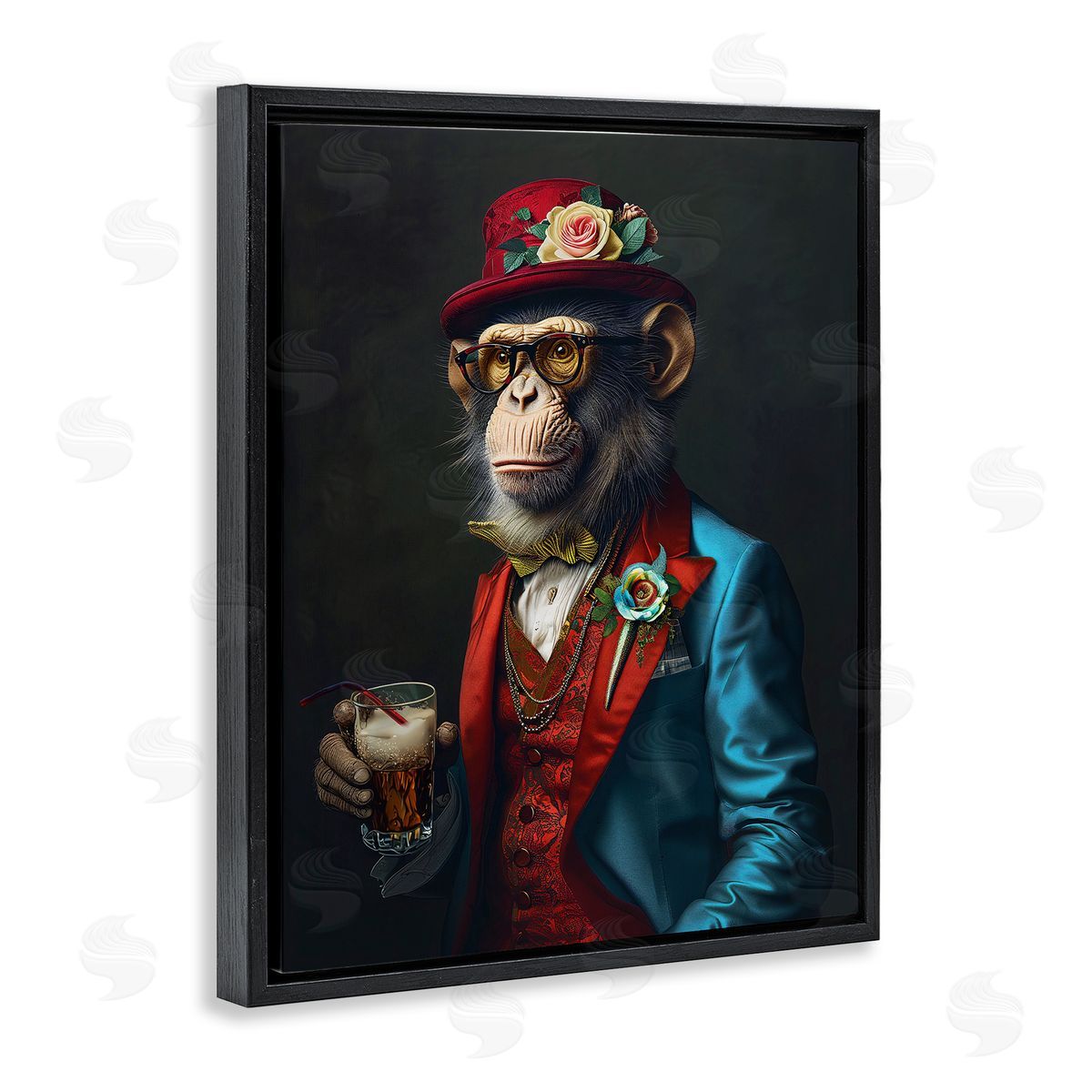 Monkey with Fancy Outfit Black Floating Frame Canvas Wall Art, Home Decor by Ray Heere