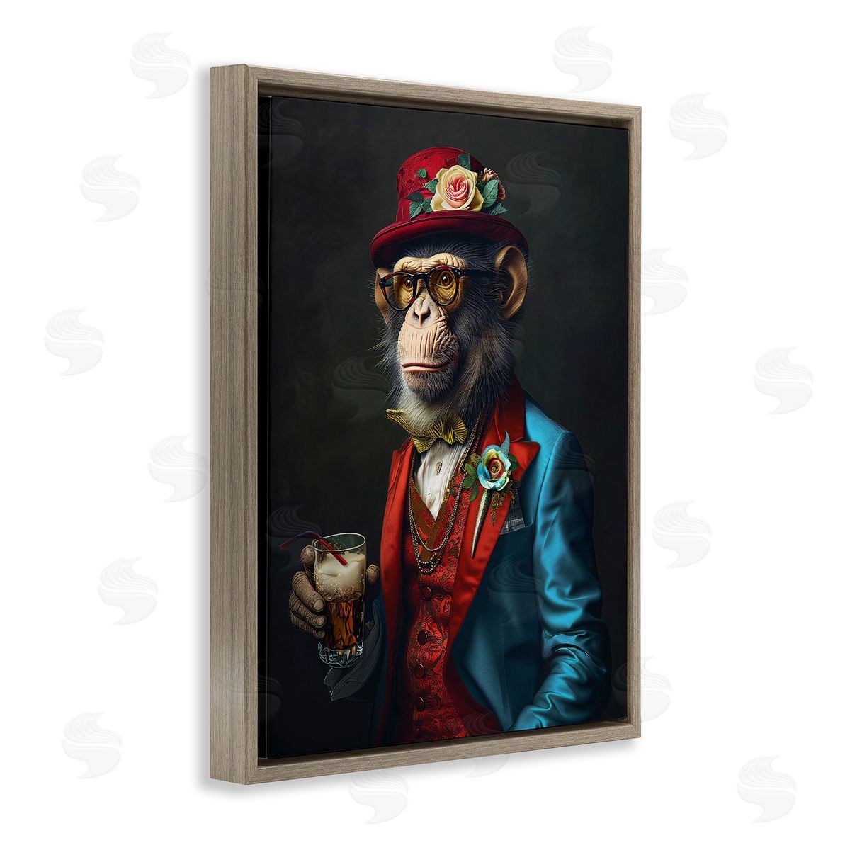 Monkey with Fancy Outfit Brown Floating Frame Canvas Wall Art, Home Decor by Ray Heere