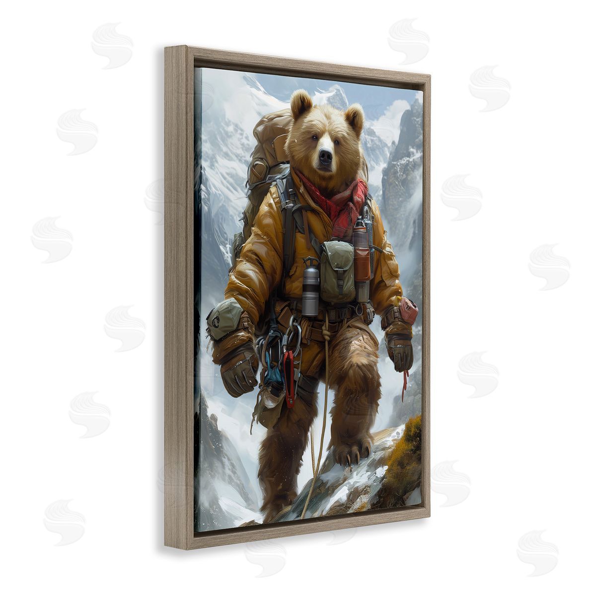 Mountain Hiking Bear Brown Floating Frame Canvas Wall Art, Home Decor by Ray Heere