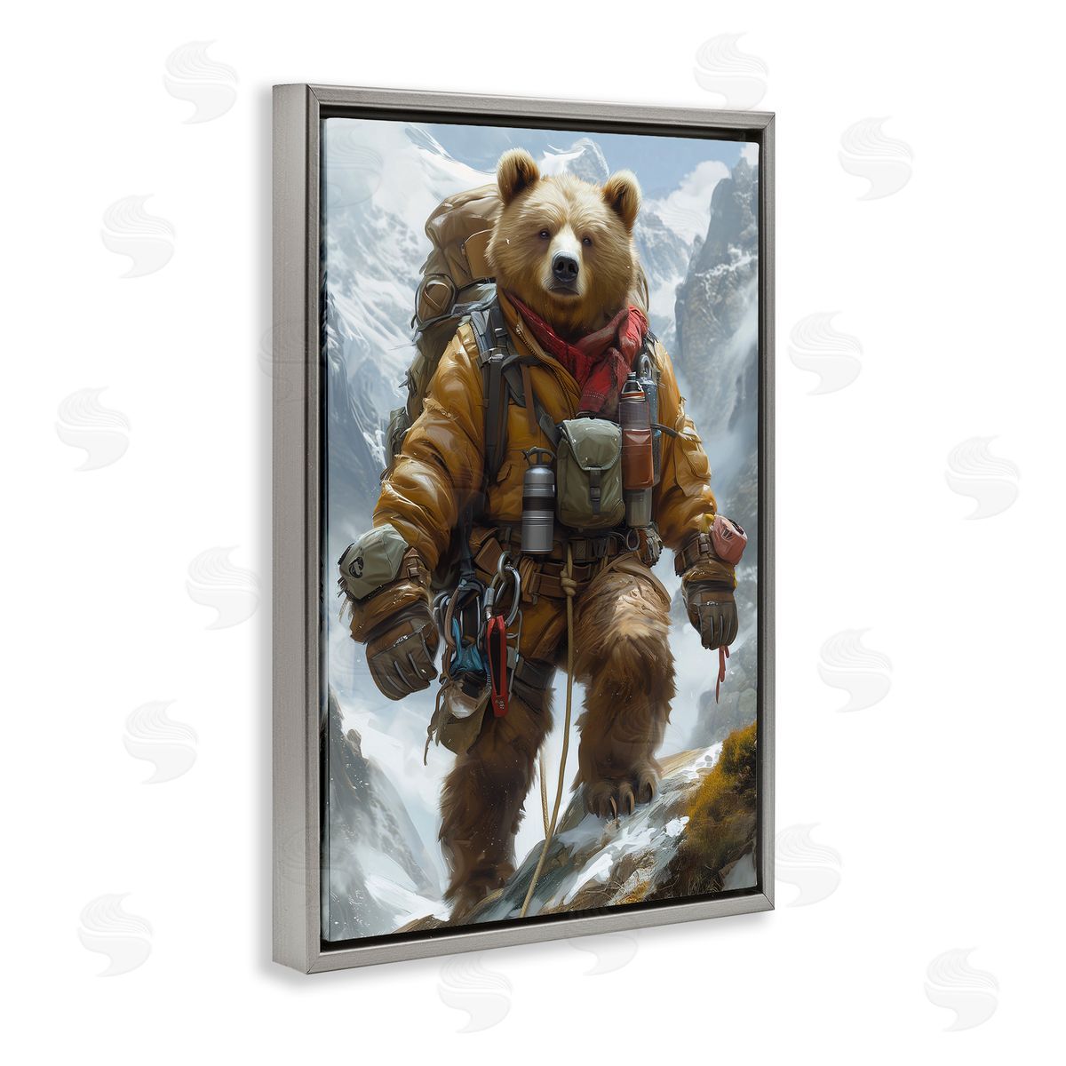 Mountain Hiking Bear Grey Floating Frame Canvas Wall Art, Home Decor by Ray Heere