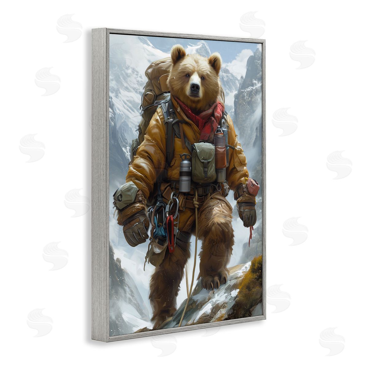 Mountain Hiking Bear Grey Frame Print Wall Art, Home Decor by Ray Heere