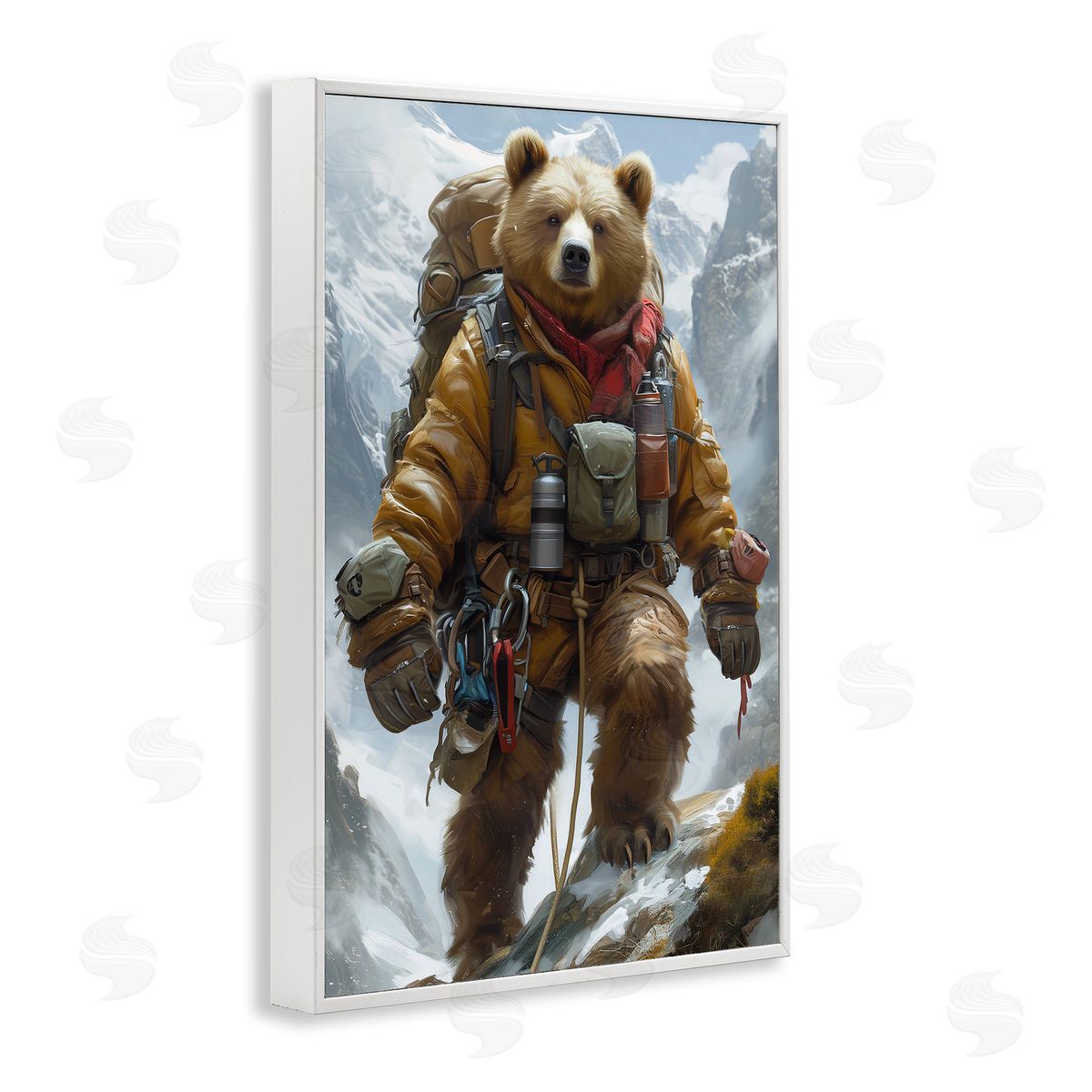 Mountain Hiking Bear White Frame Print Wall Art, Home Decor by Ray Heere