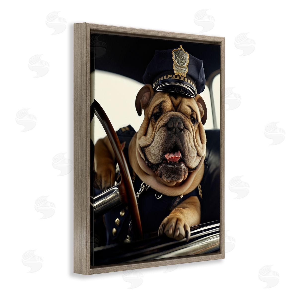 Police Dog in Car Brown Floating Frame Canvas Wall Art, Home Decor by Ray Heere