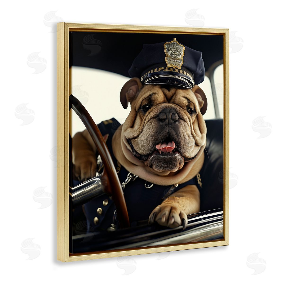 Police Dog in Car Gold Floating Frame Canvas Wall Art, Home Decor by Ray Heere
