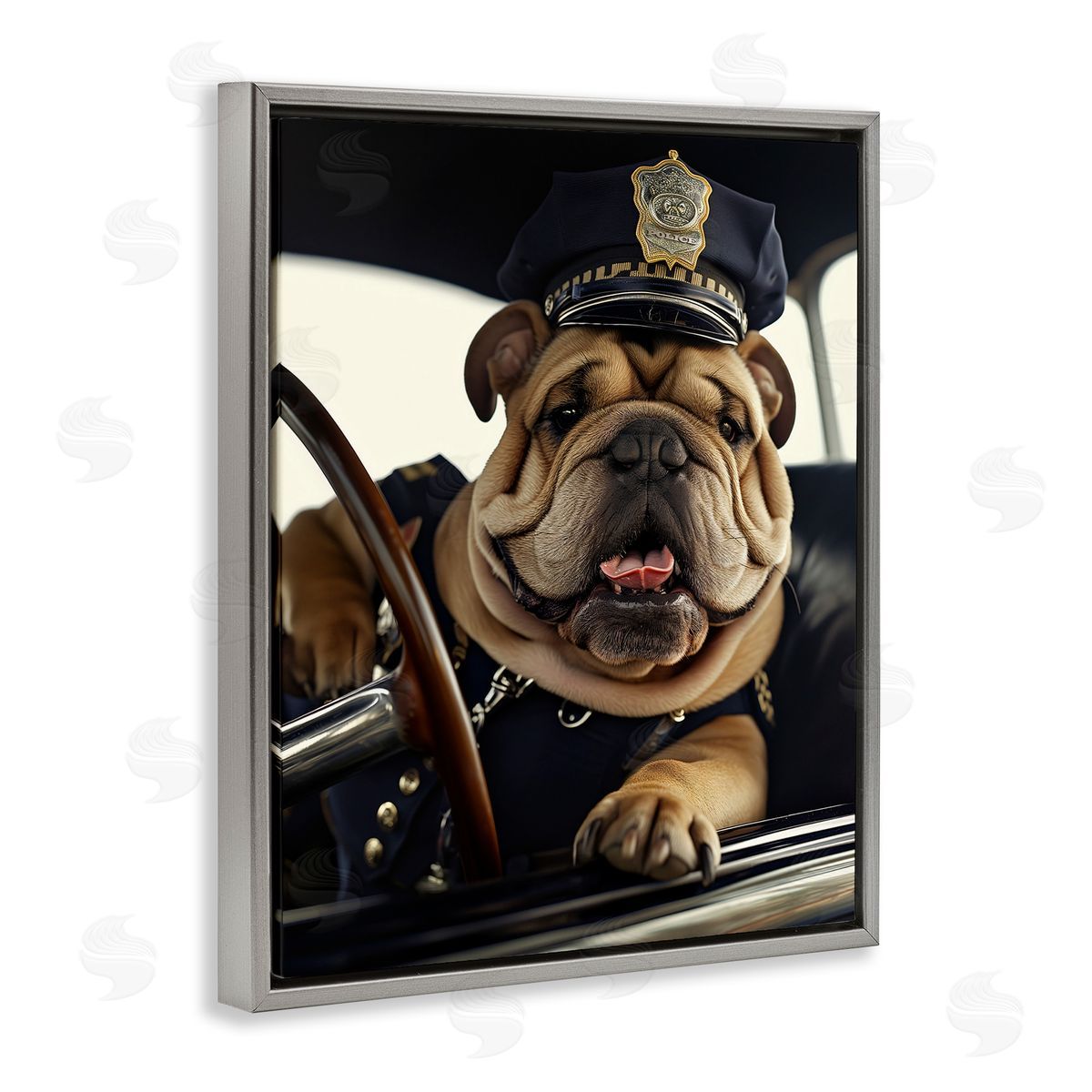 Police Dog in Car Grey Floating Frame Canvas Wall Art, Home Decor by Ray Heere