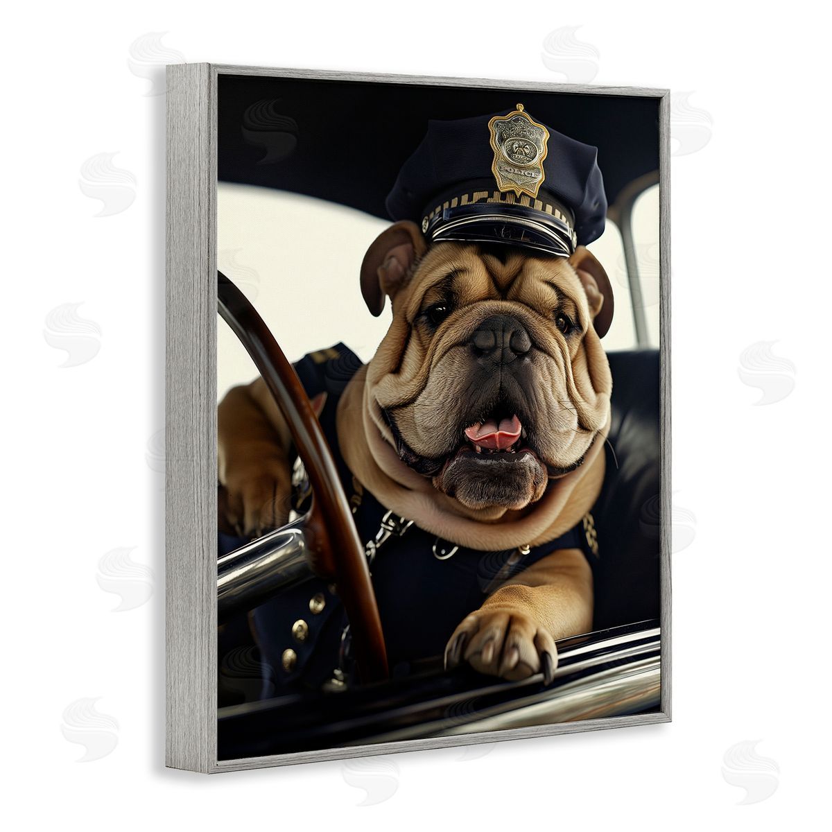 Police Dog in Car Grey Frame Print Wall Art, Home Decor by Ray Heere